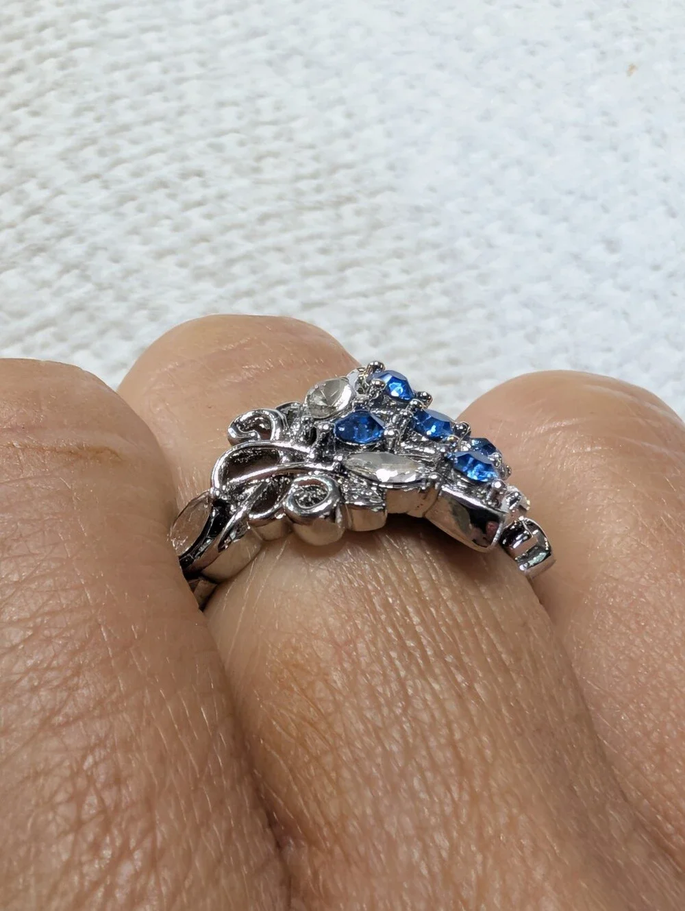 Blue & White Marquee Round Cut  Silver Dinner Ring Size 8